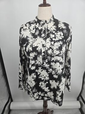 Amber Sun Black & White Abstract Floral Mandarin Collar Tunic Large (8620)